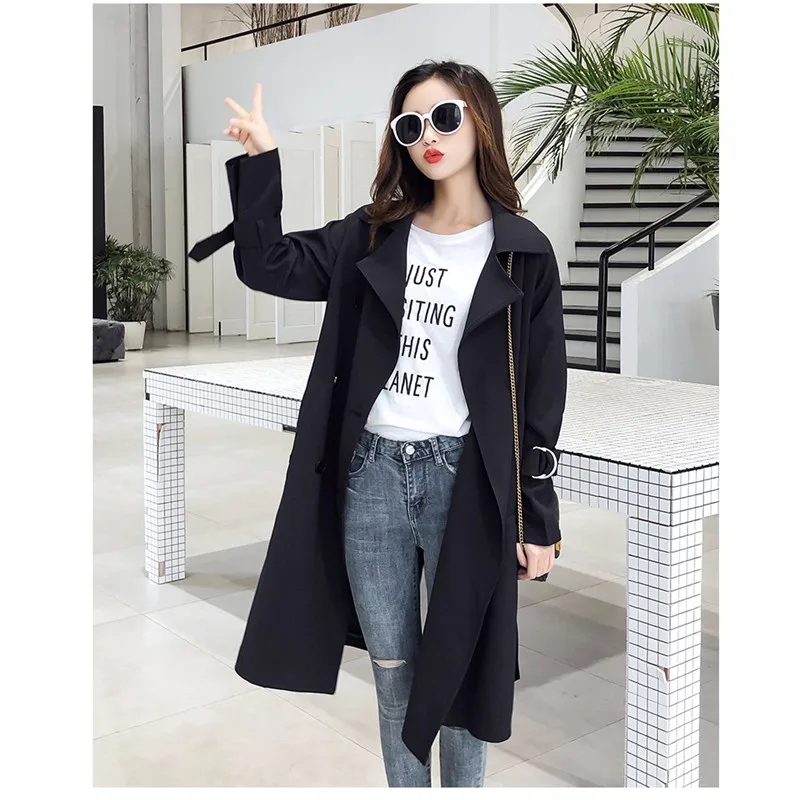 Женский Длинный Тренч с поясом Sungtin черный двубортный тренч для офиса