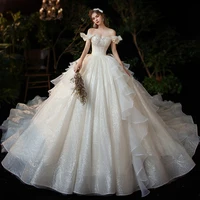 sukienka na wesele off shoulder wedding dresses chapel train vintage robe de mariee crystal pearl bride dress shining brautkleid