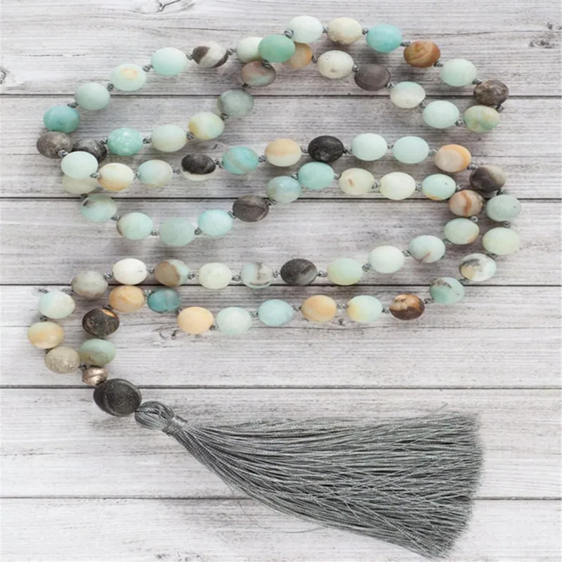 

8mm Amazonite 108 Beads Handmade Tassel Necklace Spiritua Meditation Buddhism Wristband Spirituality Classic Retro Mala Tibetan