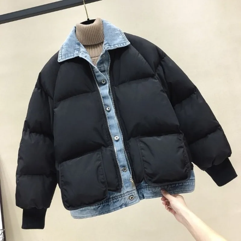 

Autumn and winter new style Korean trend stitching lapel denim fake two pieces of thick warm cotton jacket female tide