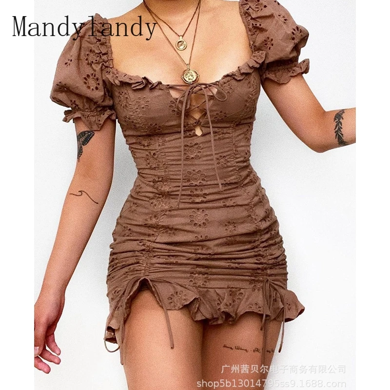 

Mandylandy Dress Summer Strapless Puff Sleeve High Waist Slim Fit Ruffled Dress Women's Casual Printed Lace Up Pleated Dress