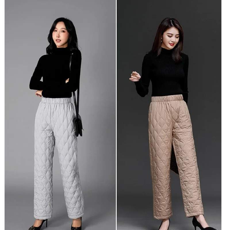 Women Winter Warm Down Cotton Pants Padded Quilted Trousers Elastic Waist Casual Trousers