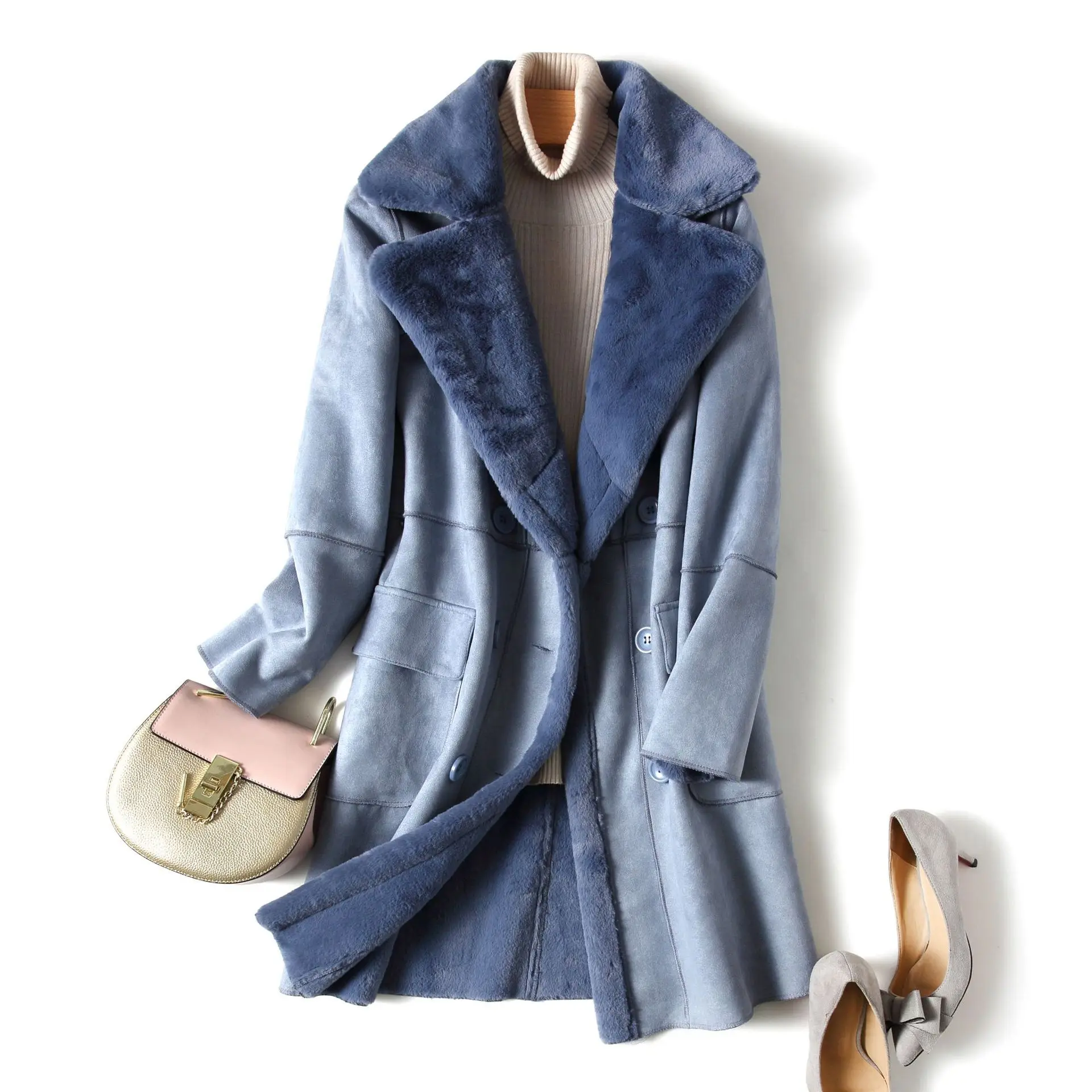 

Пальто женское замшевое, длинное, двубортное, плотное, теплая, на осень и зиму, WP56, 2021