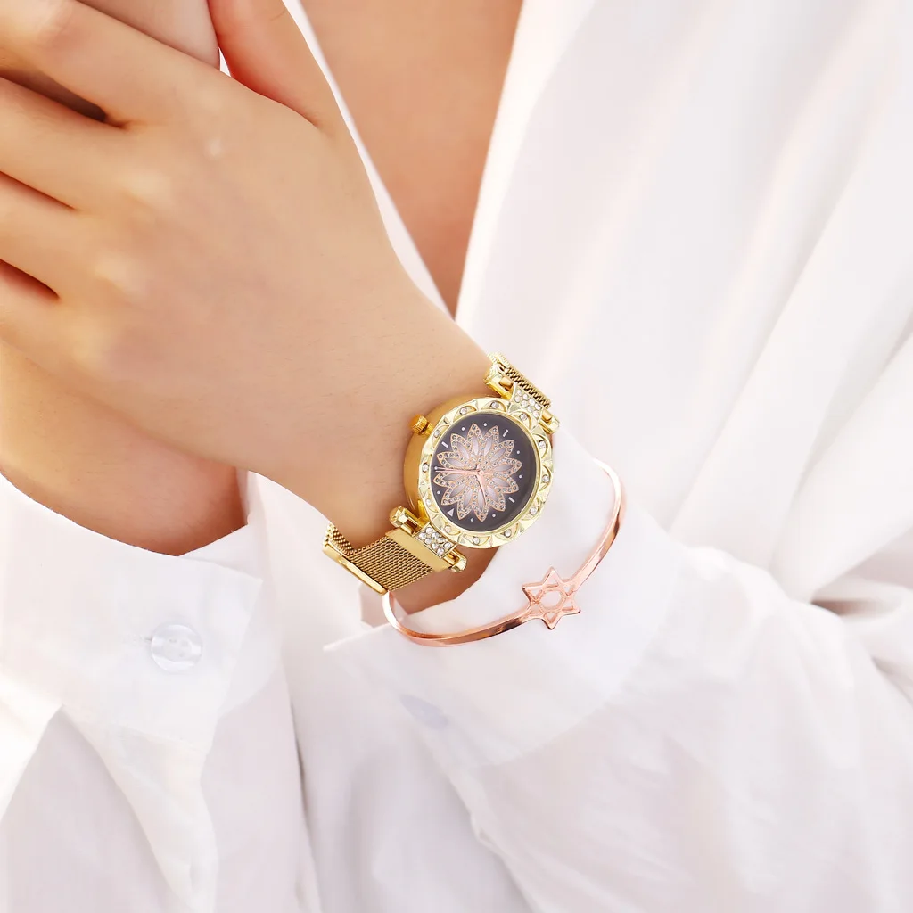 Женские серебряные часы магнитные с цветком удачи и бриллиантами женские креативные циферблатом роскошный