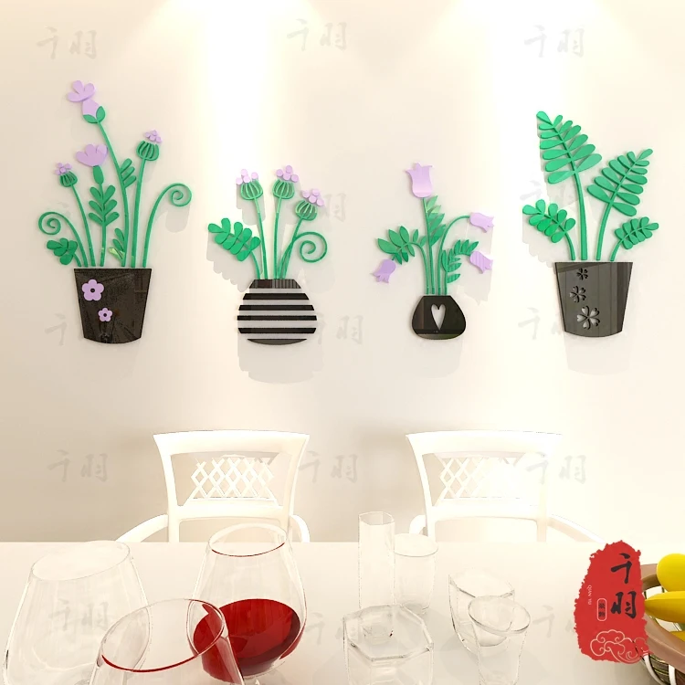 Креативная акриловая настенная 3D наклейка WS70 в горшке с кристаллами для гостиной