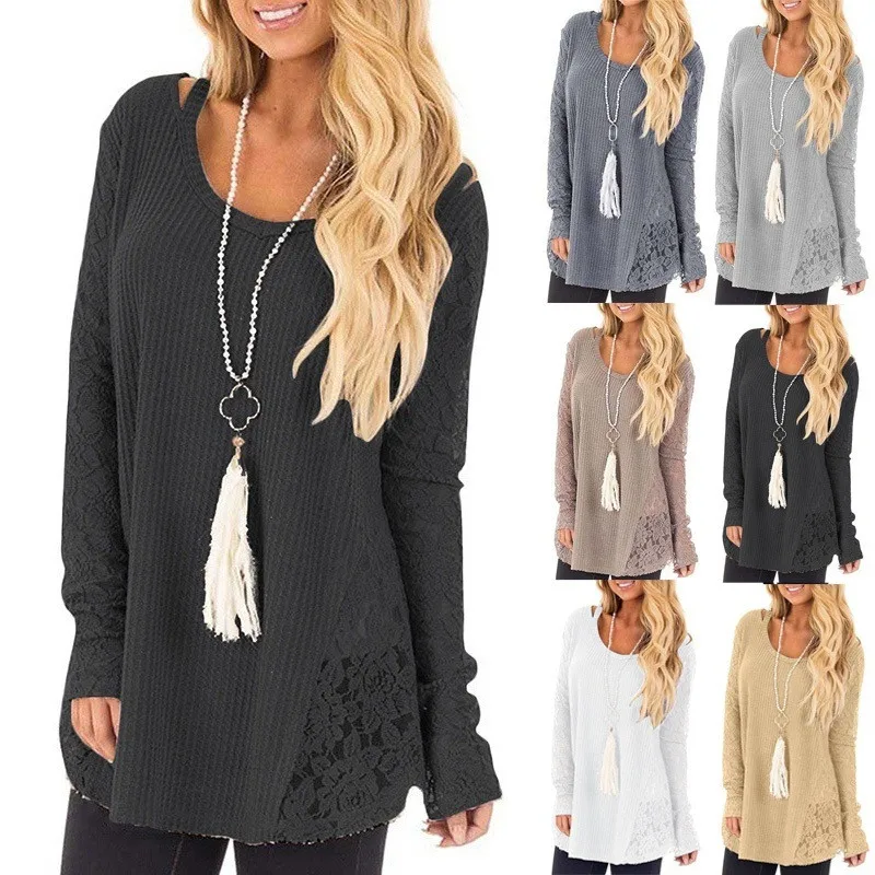 

Модные Женские однотонные свитера лоскутный Дизайн Кружевной декор круглый вырез длинный рукав Весна Осень Повседневные пуловеры Топ