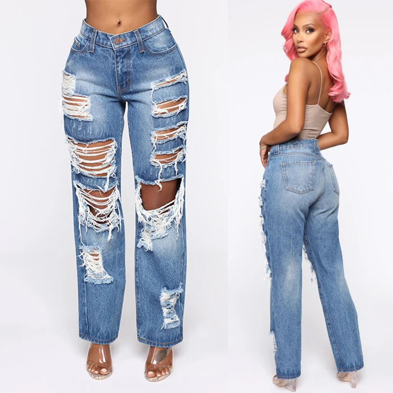 

Women Button High Waist Pocket Elastic Hole Jeans Trousers Loose Denim Pant Streetwear Blue Vintage Jeans Harajuku Straight Pant