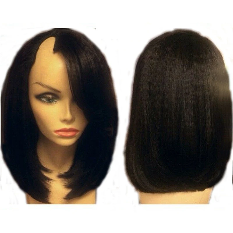 LUFFYHAIR бесклеевые человеческие волосы боб парик Yaki прямые U часть парики правая часть натуральные черные бразильские Remy человеческие волосы u-образный парик