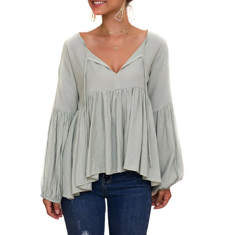 Дропшиппинг женские топы с пышными рукавами и V образным вырезом однотонная