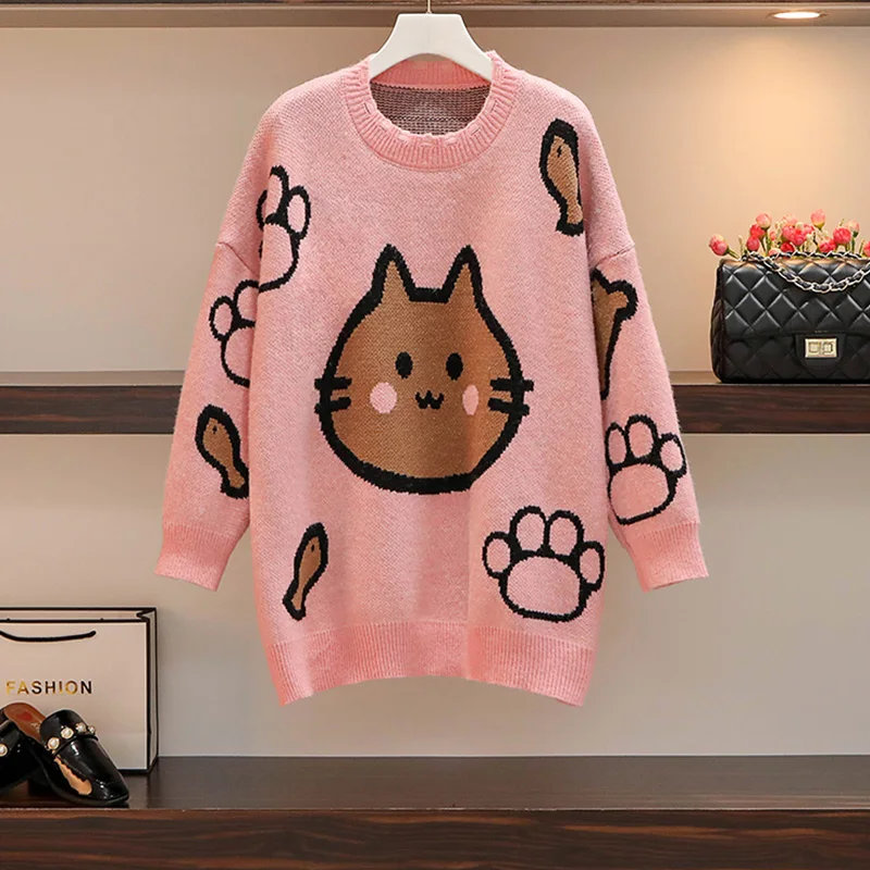

2021 Autumn And Winter Fashion New Women's Knitwear Temperament Lazy Cartoon Print Long-Sleeved Loose Padded Sweater Top Women