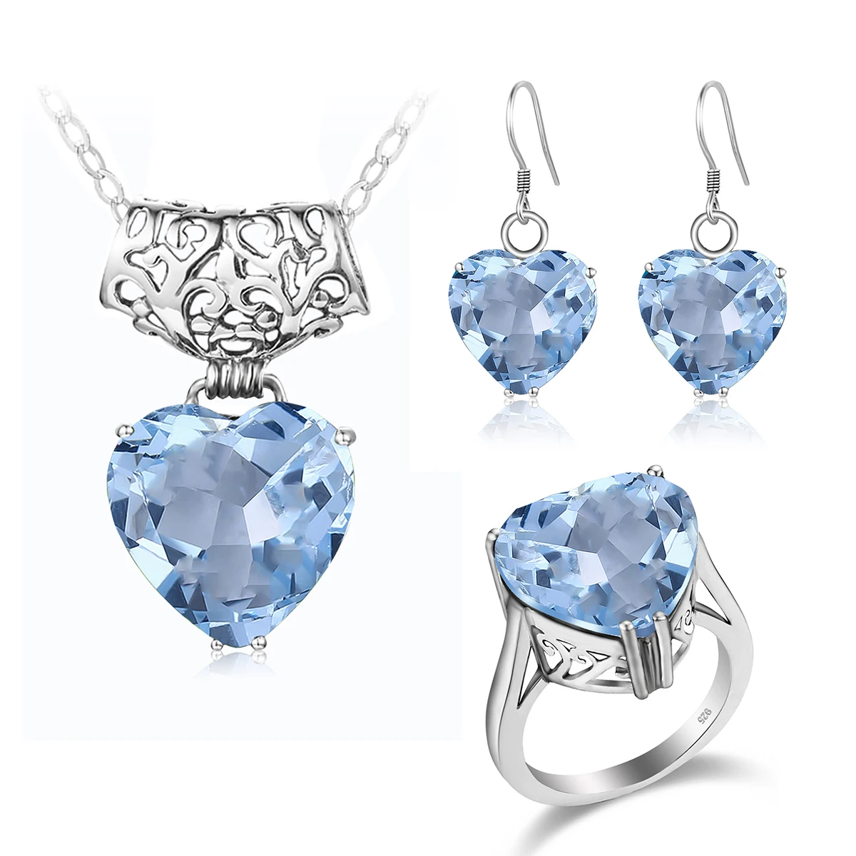 

SDOOU Silver Jewelry Set Heart Gemstone Sterling Silver 925 Ring Earring Pendants Wedding Jewellery Set Bridal Jewelry Wholesale