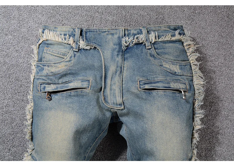 Новые мужские винтажные потертые джинсы с бахромой байкерские модные облегающие