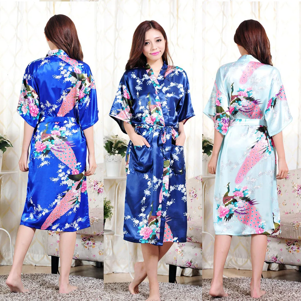 Plus Size 4-6XL Women Long Robe Print Flower Peacock robe Kimono Bathrobe Gown Bride Bridesmaid Wedding Robes