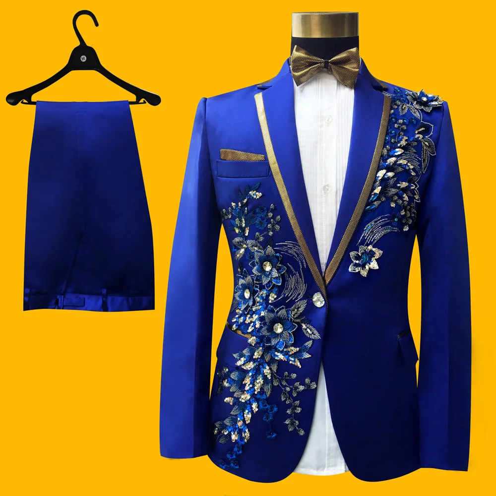 Royal Blue Palette Embroidered Wedding Stage Suit Men Heavy Workmanship Terno Masculino Costume Homme Party Club Outfits | Мужская