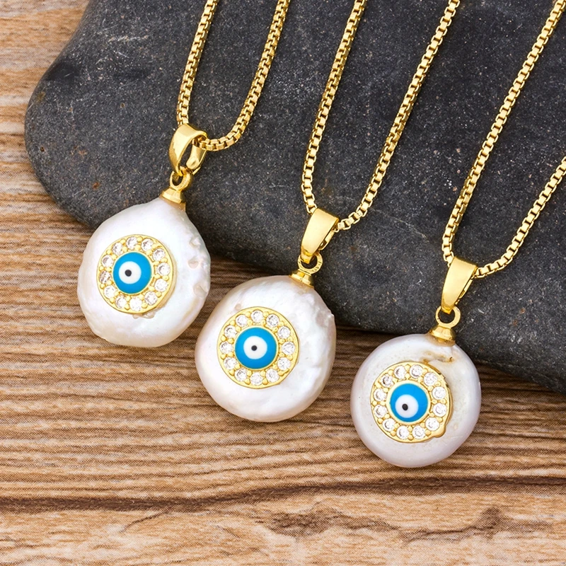 

Cute Zircon Evil Eye Charm Natural Coin Freshwater Pearl Bead Gold Link Chain Pendant Choker Necklace for Women Jewelry Gift