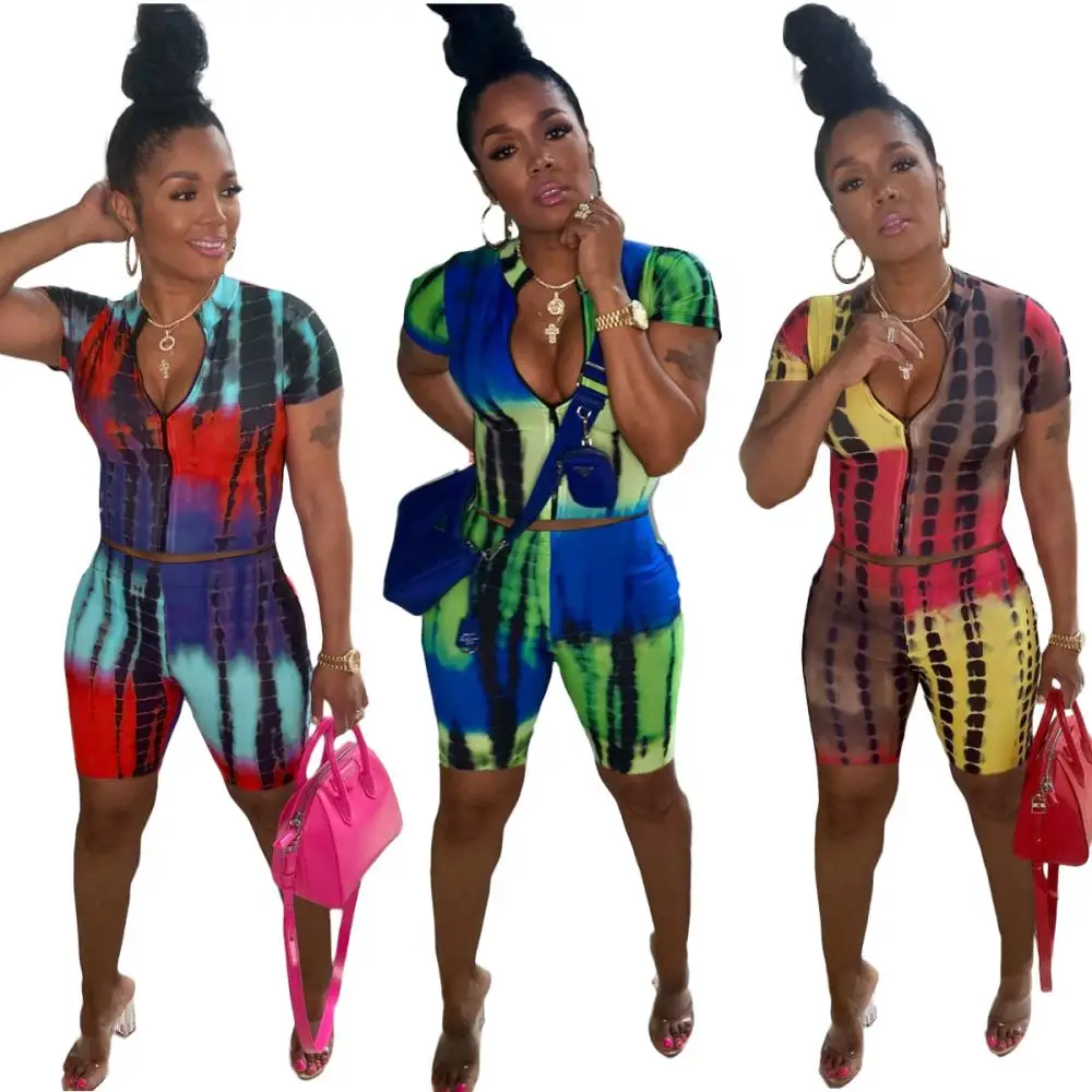 

Casual 2PCS Tracksuits Floral Printed Short Sleeve Zipper Front Tee Crop Tops Knee-Length Slim Shorts Bodycon Tight Biker Shorts