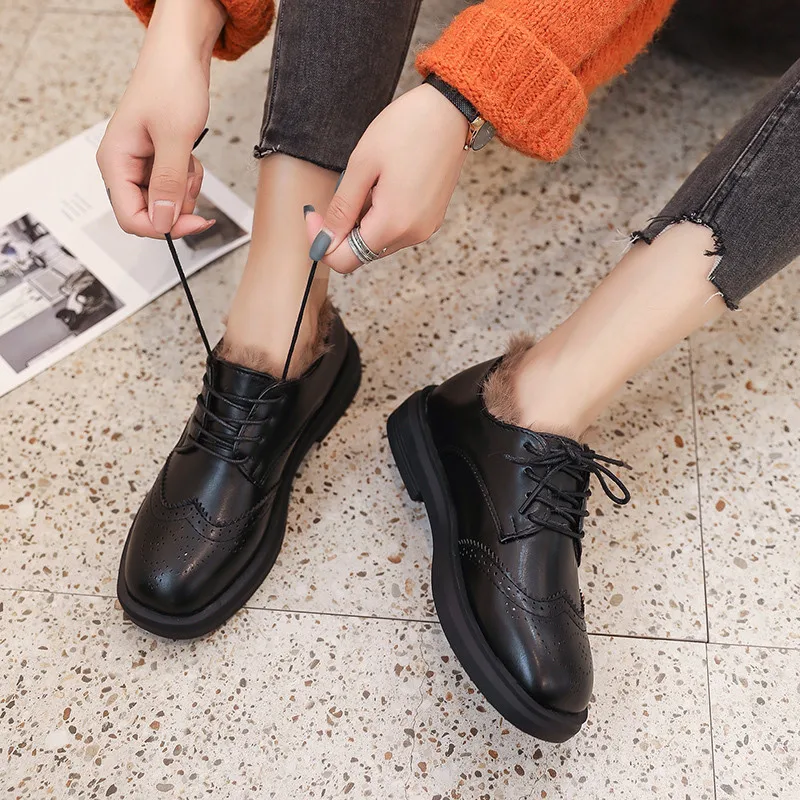 Туфли оксфорды на плоской подошве женская обувь из искусственной кожи шнуровке в