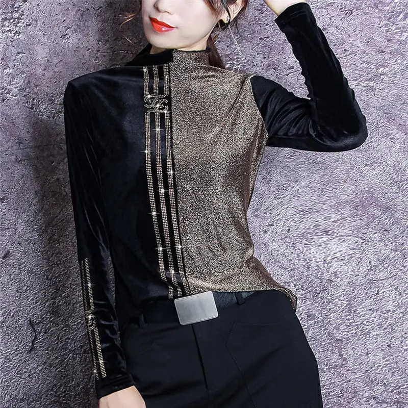 Winter Female T-shirt Bright Silk Stitching Plus Size T Shirt Women Velvet Half-high Collar Bottoming Fashion | Женская одежда