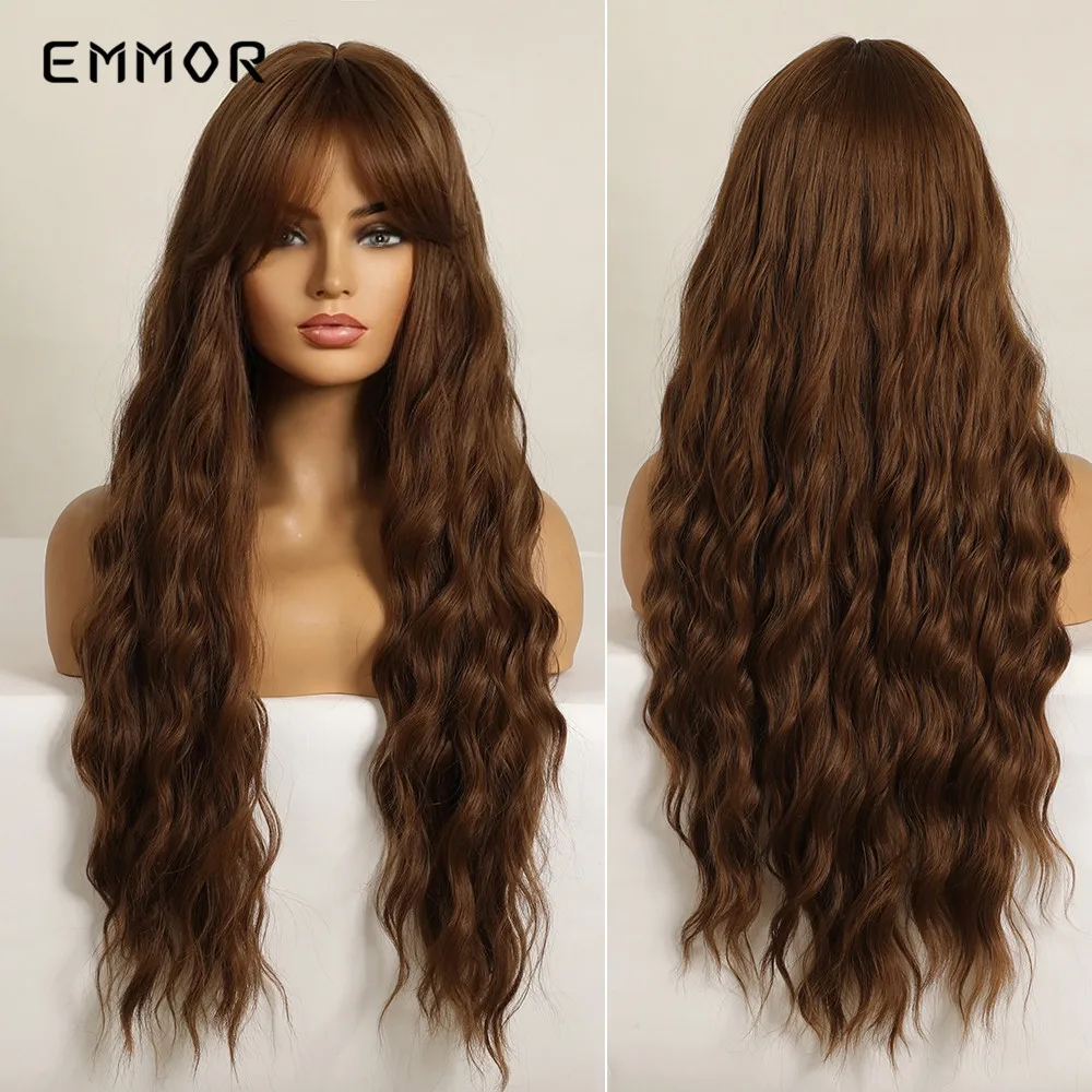 Фото Emmor Синтетические длинные коричневые женские парики с челкой водостойкие