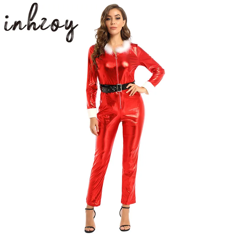 

Women Christmas Costume Clubwear Long Sleeves Furry Front Zipper Jumpsuit Holiday Santa Claus Cosplay Party Ladies Xmas Dress Up