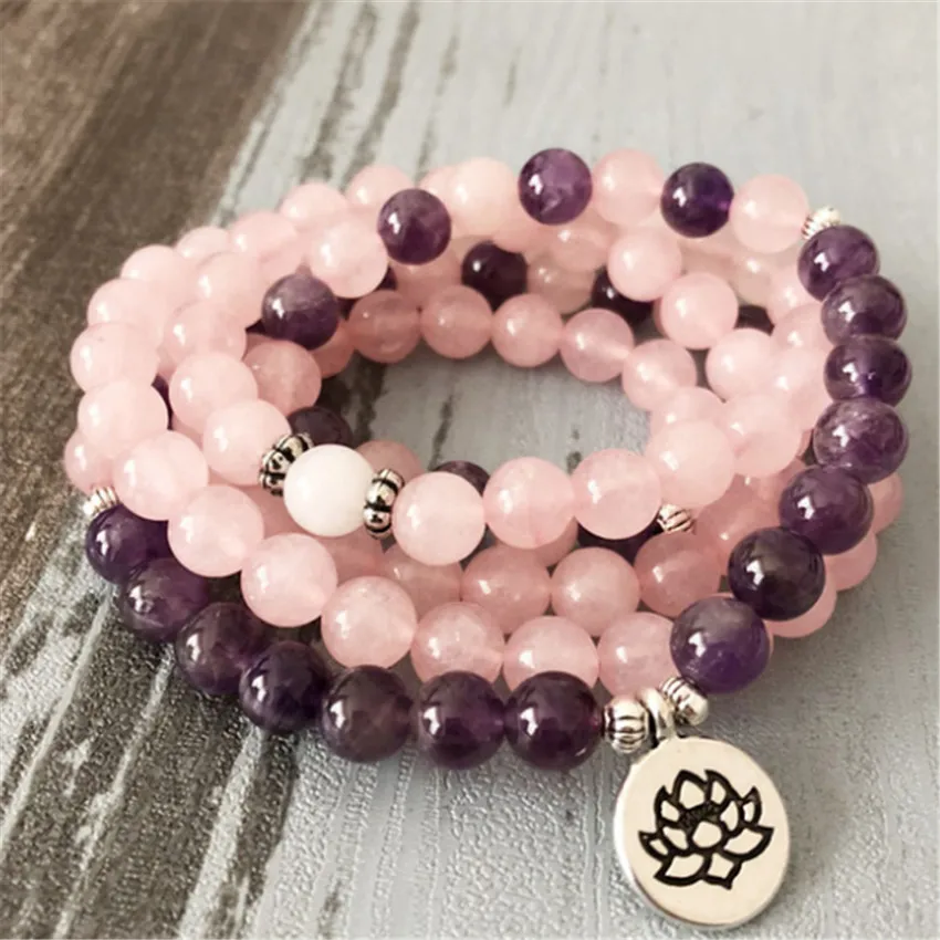 

8MM Rose quartz Amethyst Gemstone 108 Beads Mala Bracelet Nature Grade Cuff Wristband Bless Wrist pray Spirituality Chakras