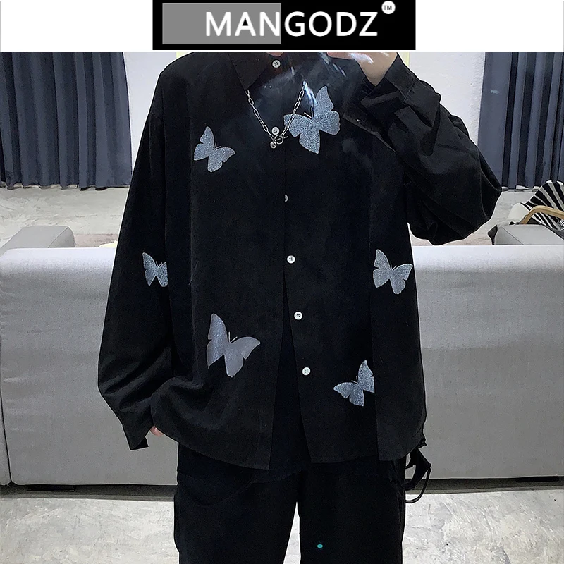 

Spring New Shirts for Men 2021 Butterfly Print Casual Casual Vintage Loose Mens Clothing 3 Colors Harajuku Camisa Masculina