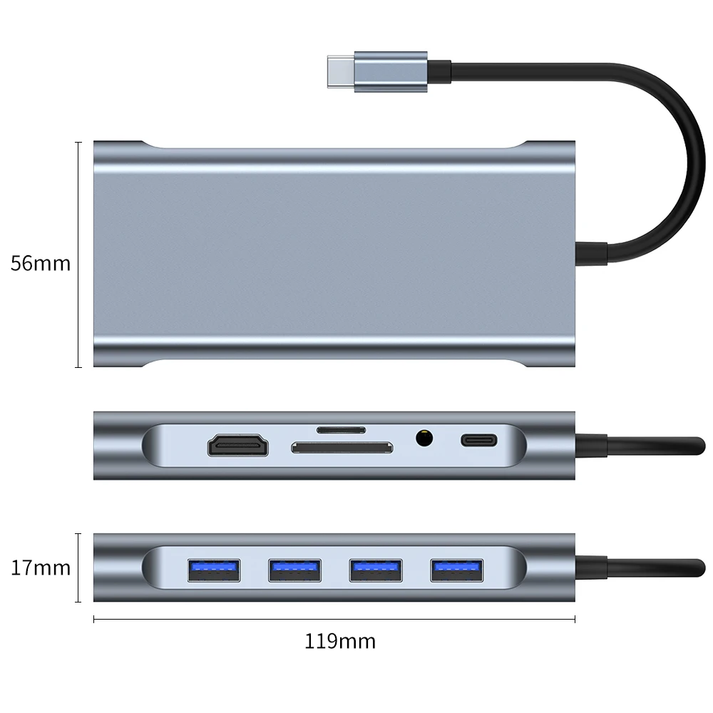 

Док-станция 11 в 1 Type-C для HDMI + USB3.0 + USB2.0 * 3 + RJ45 (100 м) VGA + PD + AV + SD + TF