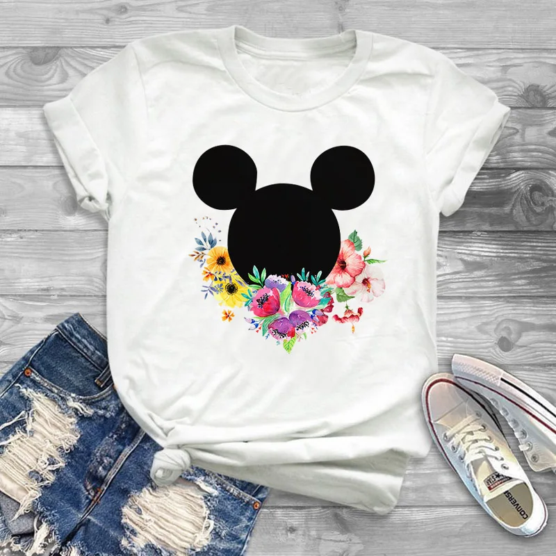 Летняя Повседневная Женская футболка Ullzang Micky женская с принтом Harajuku Однотонная