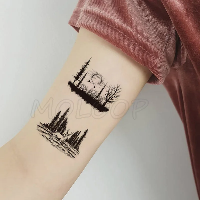 Tattoo Sticker deer bird animal forest tree planet sun moon Water Transfer Temporary Fake tatto flash tatoo for kid girl men | Красота и