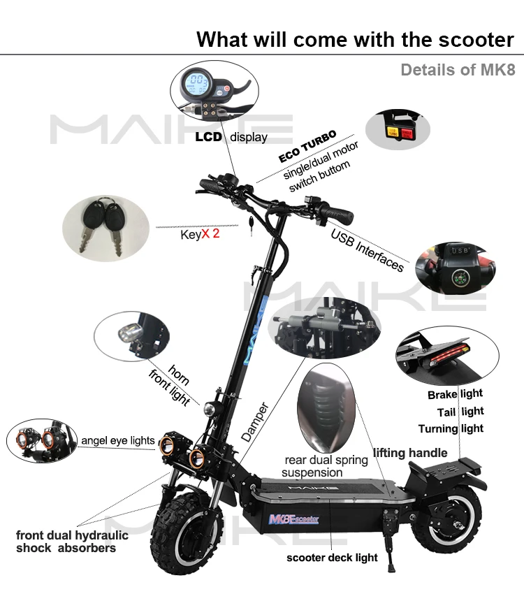 

Dropship Maike best buy MK8 3200W 11 inch 100km h speed dual motor foldable offroad adults electric scooter with seat
