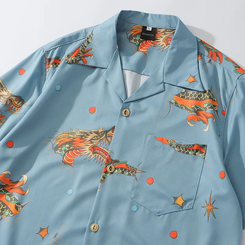 Рубашка мужская с принтом китайского дракона модная блузка коротким рукавом