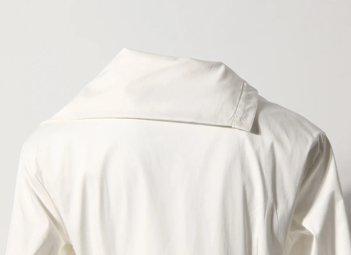 

Women Asymmetric White Lapel Shirt Dress 2021 Spring Mid-Length Design Irregular Office Lady Long Sleeve Hem Party Dress