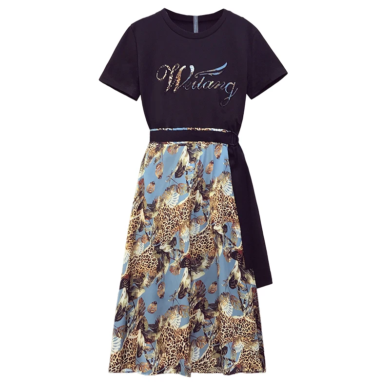 

2021 New Summer Two piece Set For Women Patchwork Embroidered Black Shirt+Asymmetric Chiffon Skirt Ladies Suits Female Clothing