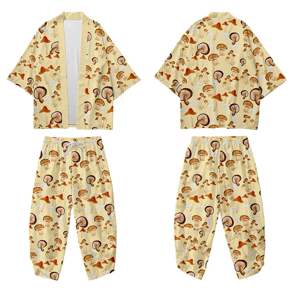 Кимоно с принтом в виде грибов для мужчин и женщин свободные японские штаны стиле