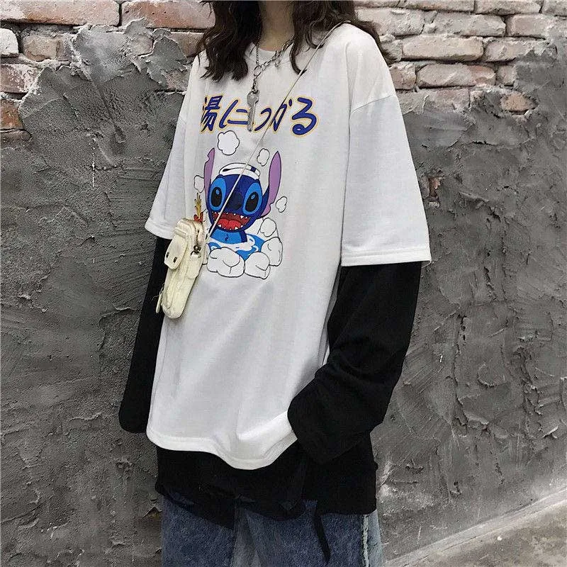 Белый NiceMix Женская Harajuku Винтажная футболка с длинным рукавом Ulzzang лоскутное письмо комический принт свободный Круглый Вырез Эластичный весенний зимний топ F - Цвет: Белый