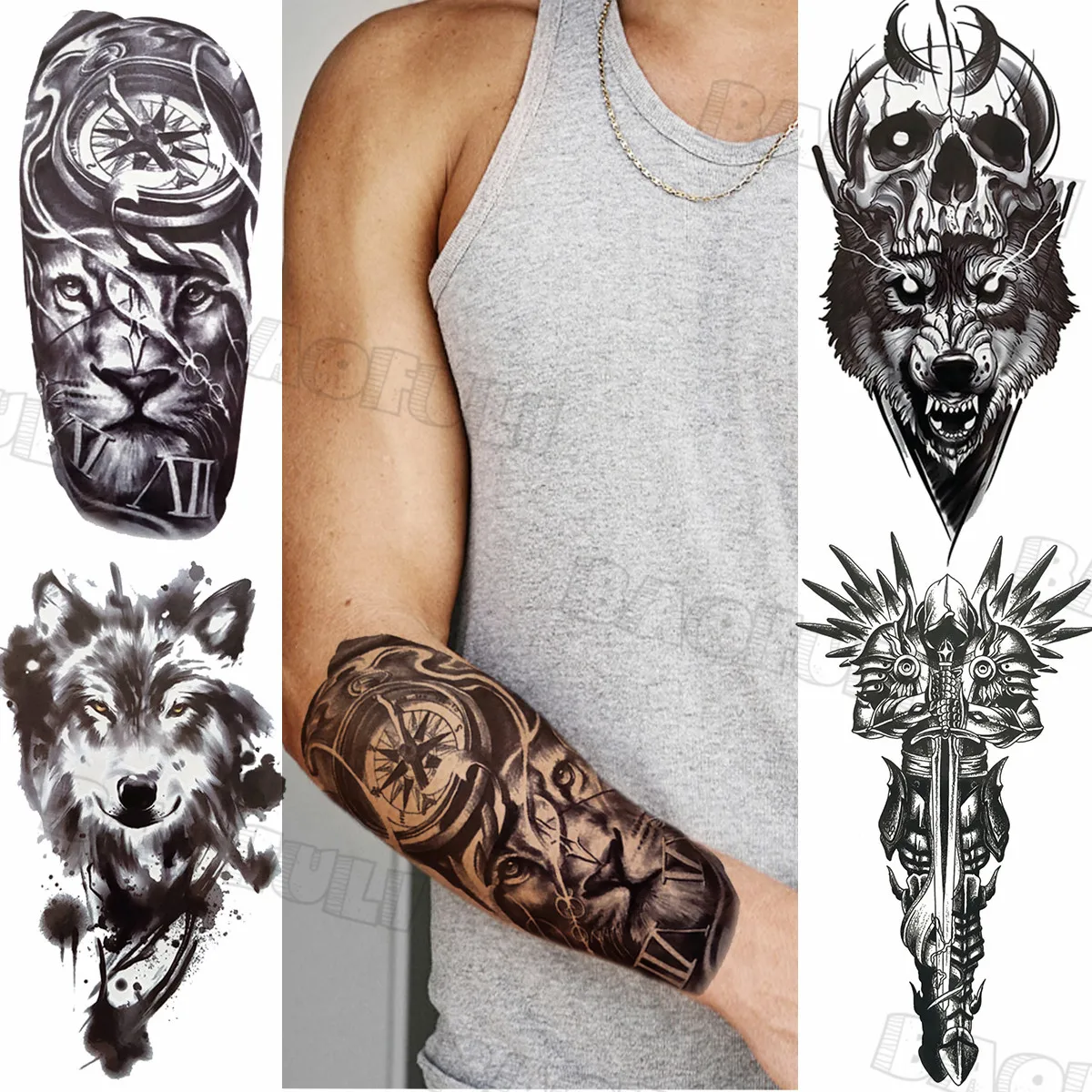 Временные 3d-татуировки для мужчин рисунок воина волка компас тигр Лев череп