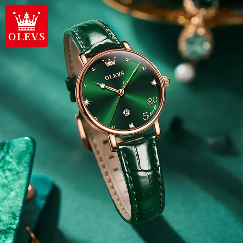 

OLEVS Fashion Casual Womens Watches Quartz Watch 2023 New Trend Women Simple Calendar Display Green Leather Strap Waterproof
