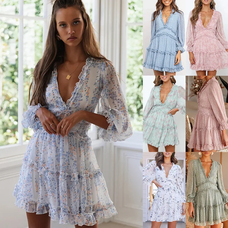 Сексуальное мини платье для женщин с длинным рукавом фонариком и v образным