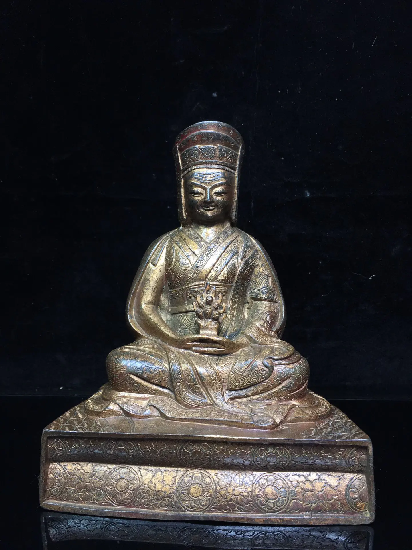 

9"Chinese Folk Collection Old Bronze Cinnabar Lacquer Northern Wei Buddha Master Marpa Guru Buddha Statue Buddhist teacher