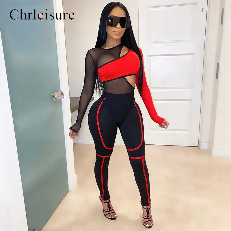 Сексуальный Боди и тонкие брюки костюм новый полупрозрачный Крест Топы с длинным