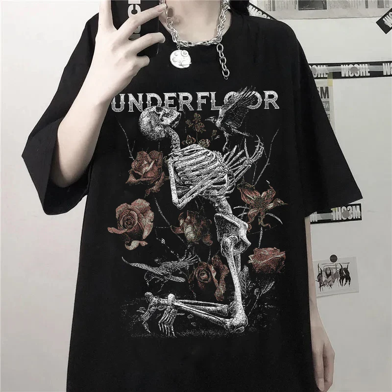 

Женская готическая футболка, с принтом скелета, в стиле гранж, темная, модная уличная футболка, топы унисекс для пар