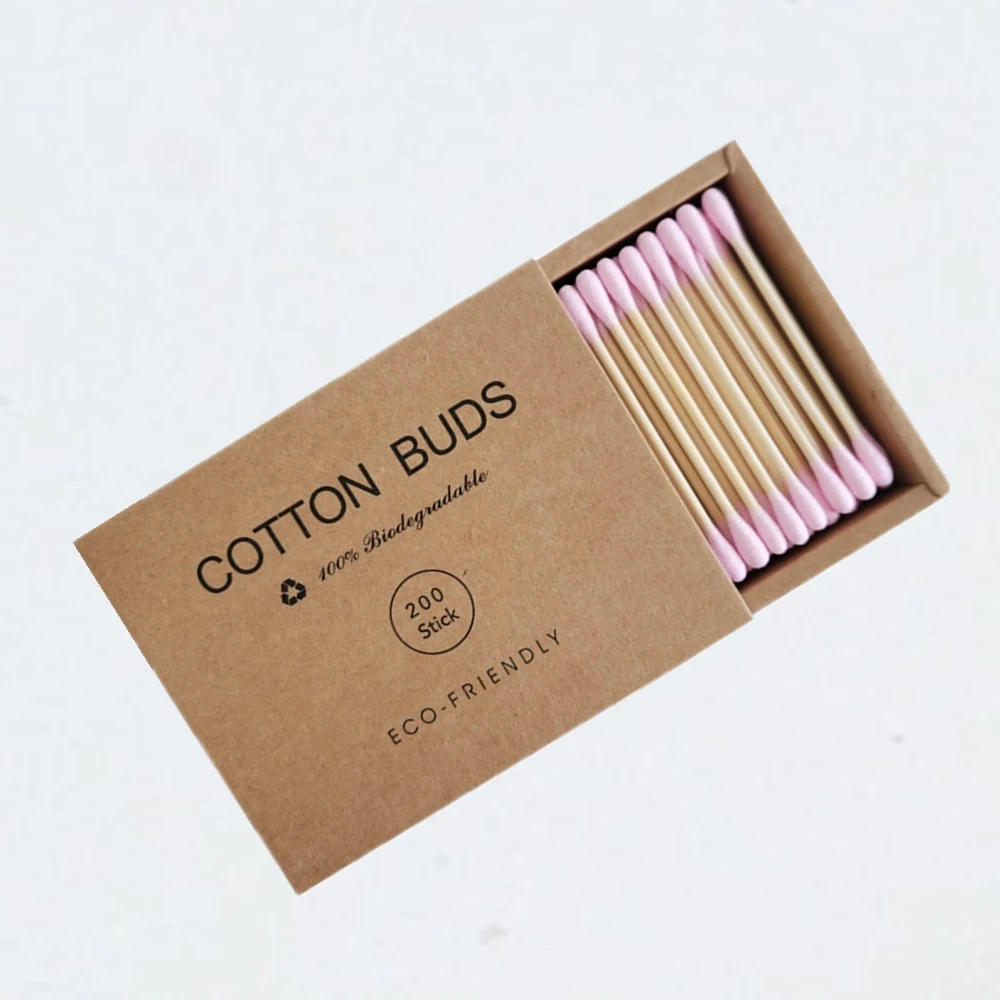 

1@#Pink 200Pcs/box Double Head Cotton Swab Bamboo Sticks Cotton Swab Disposable Buds Cotton for Beauty Makeup Nose Ears Cleaning