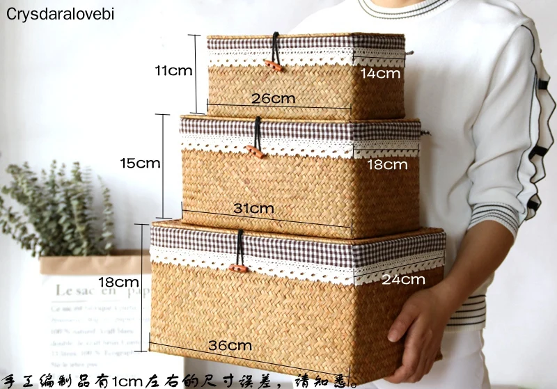 

Seaweed Woven Box Grass Basket with Lid Household Storage Basket Snack Storage Rattan Fabric Rectangle Bedroom Sort Out Boxes