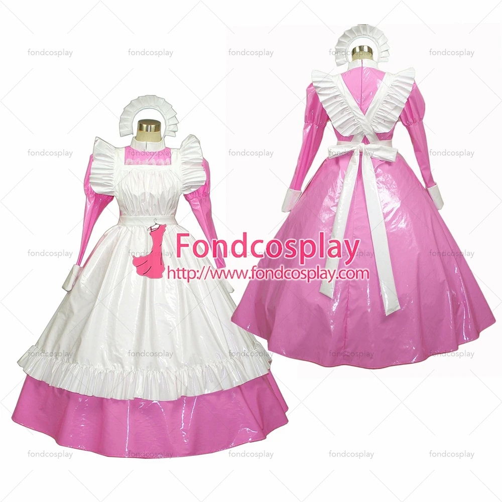 

fondcosplay adult sexy cross dressing sissy maid long pink thin PVC dress lockable Uniform white apron costume Tailor-made[G257]