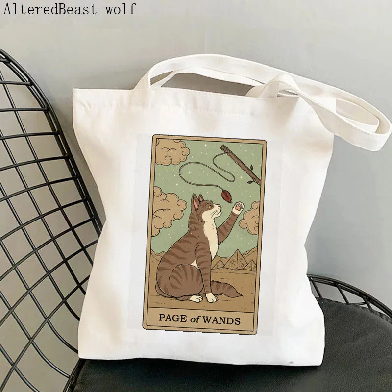 

Women Shopper bag Page of Wands Cat Tarot Kawaii Bag Harajuku Shopping Canvas Shopper Bag girl handbag Tote Shoulder Lady Bag