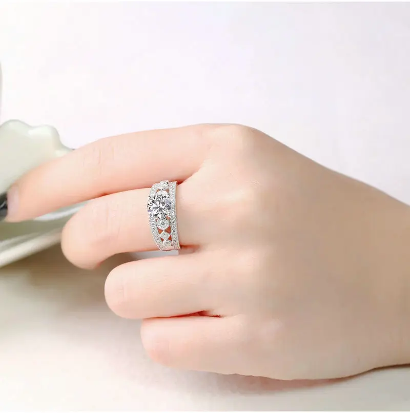 1 карат 18 К белое золото Муассанит бриллиантовое кольцо Круглый ромб 3 ряда