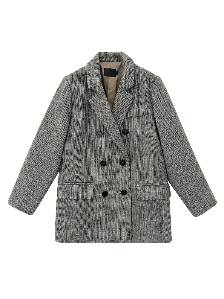 Шерстяное пальто на осень и зиму женское повседневное длинное серое двубортное