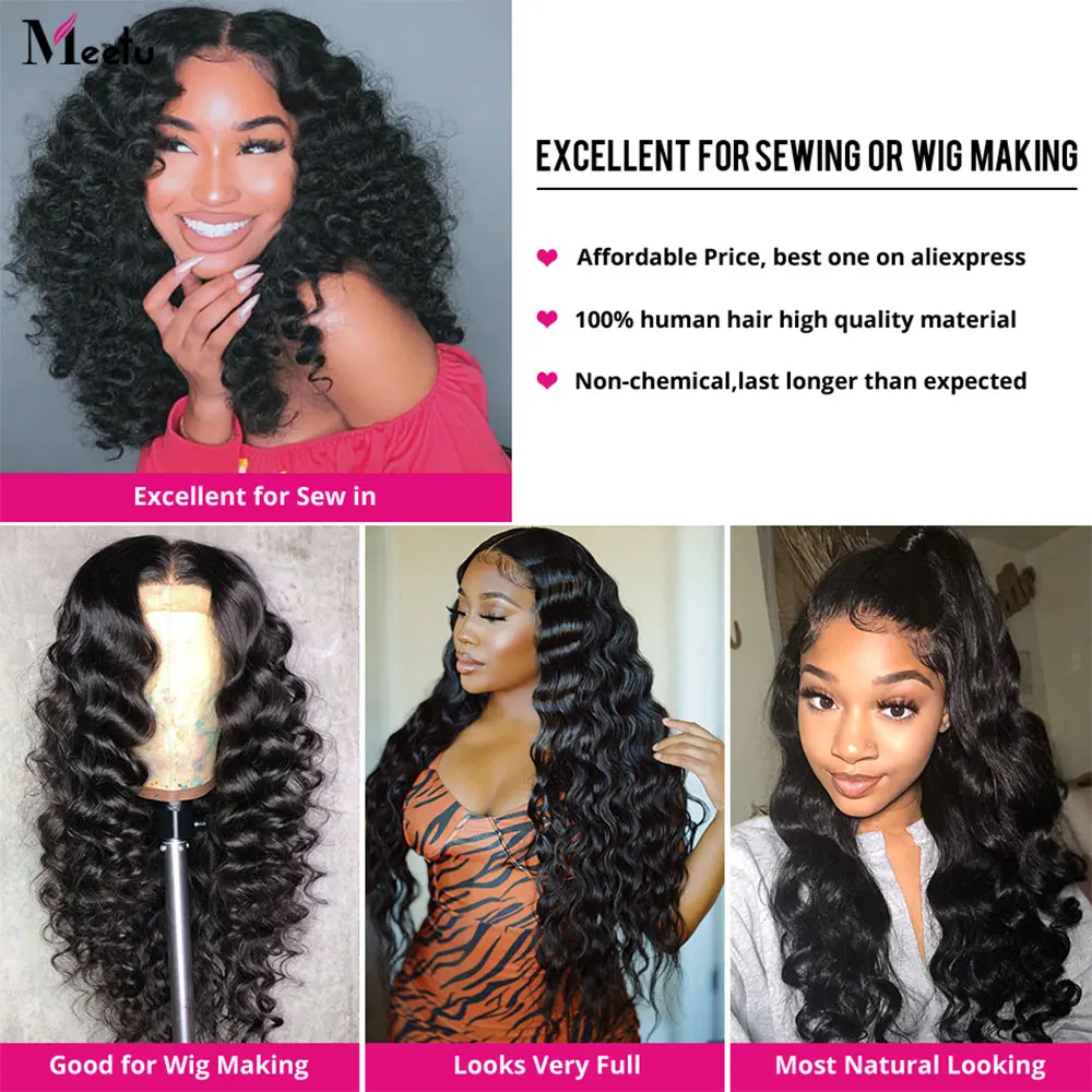 Meetu бразильский свободные глубокая волна пряди с закрытием Remy человеческие