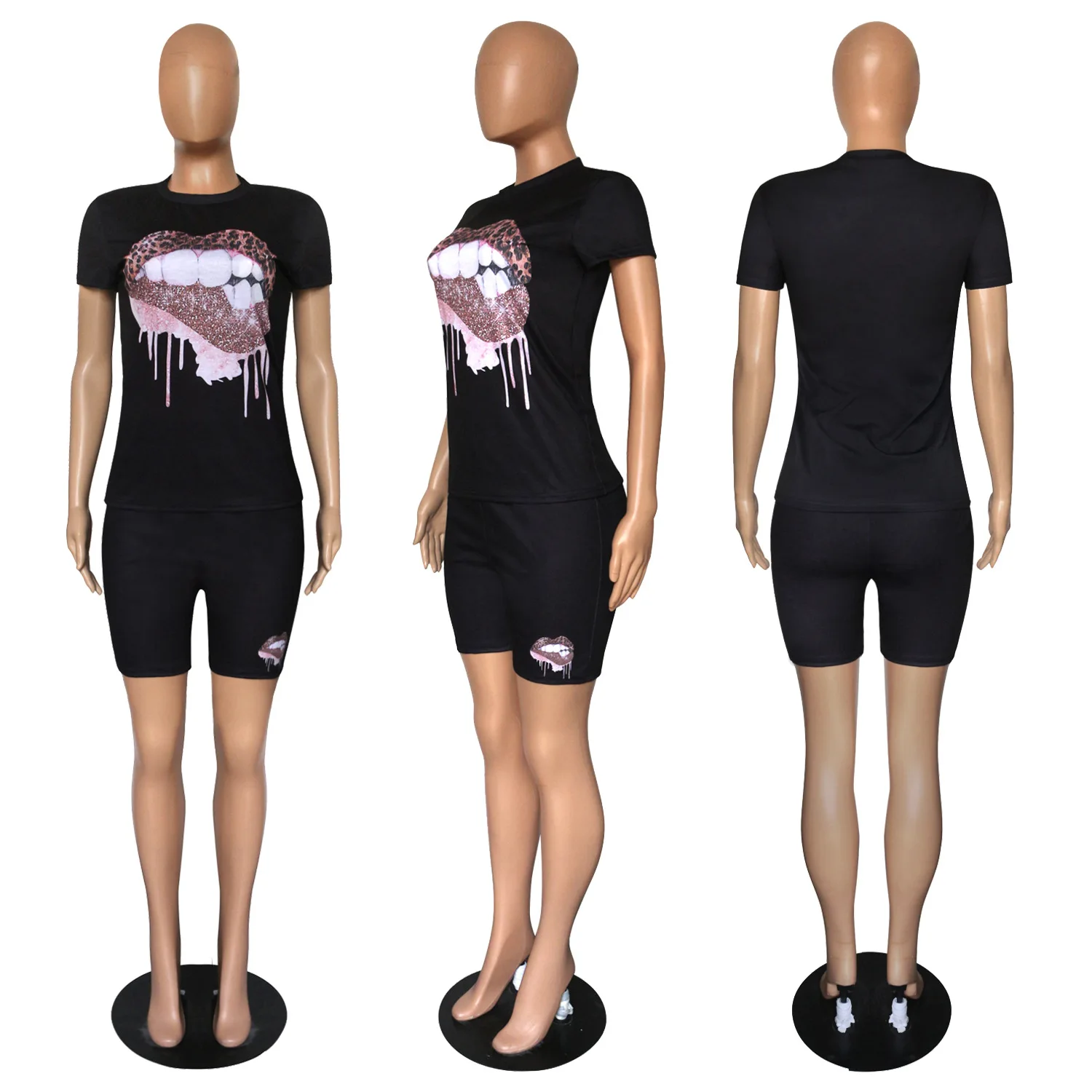 

S-5XL Plus Size Two-Piece 2021 New Women's Round Neck Short-Sleeved Top And Shorts With Fashion Lip Printing Casual Sports Suit