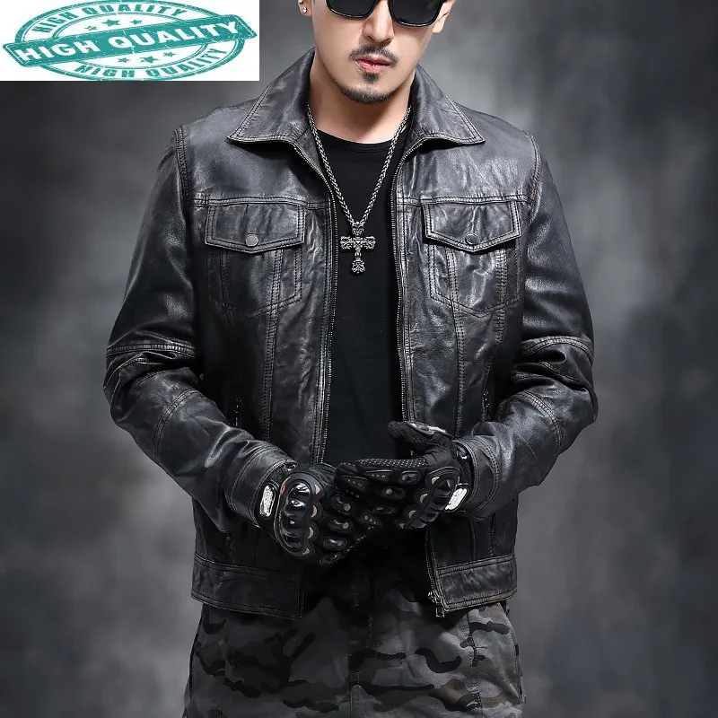 Мужская мотоциклетная куртка из натуральной овечьей шкуры винтажные облегающие